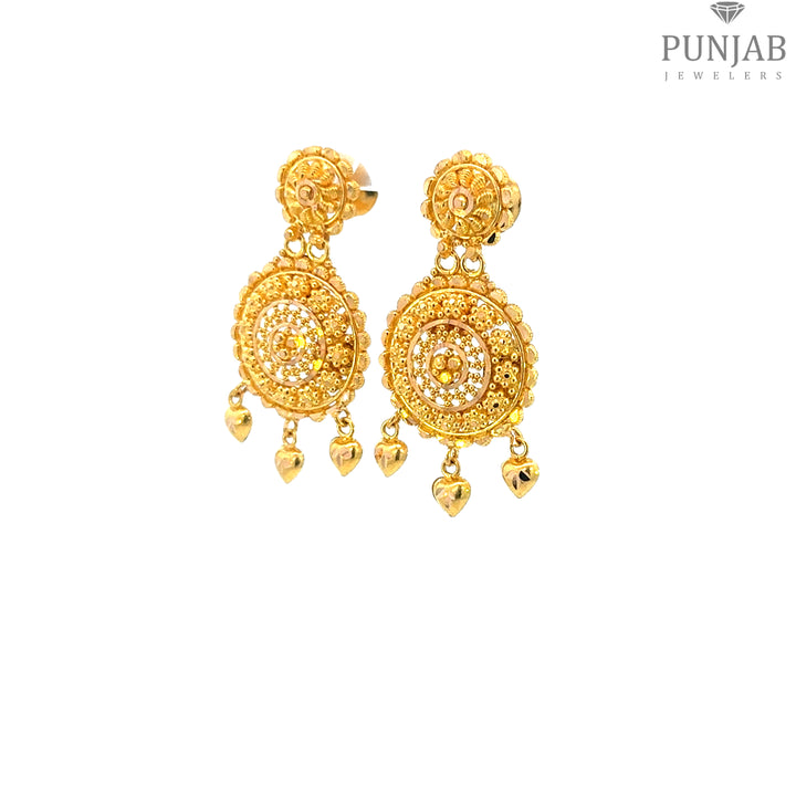 22K Yellow Gold Hanging Earrings with Circular Motif and Heart Charms