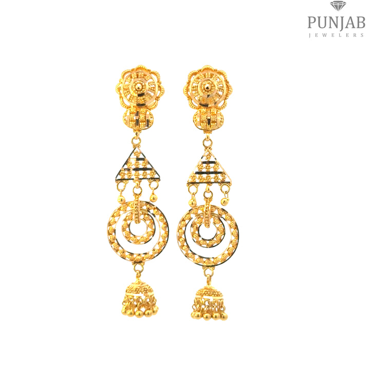 22K Yellow Gold Hanging Earrings with Geometric Design and Bell Charms
