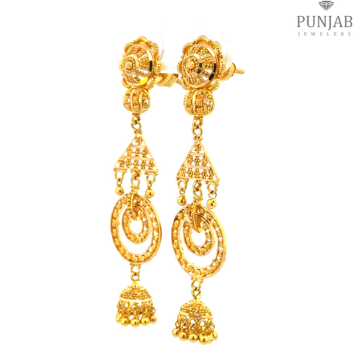 22K Yellow Gold Hanging Earrings with Geometric Design and Bell Charms