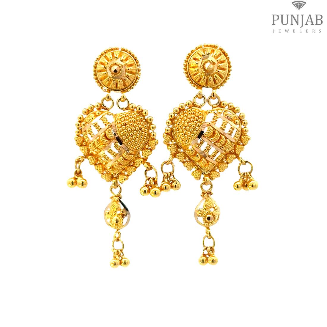 22K Yellow Gold Hanging Earrings with Heart Motif and Dangling Charms