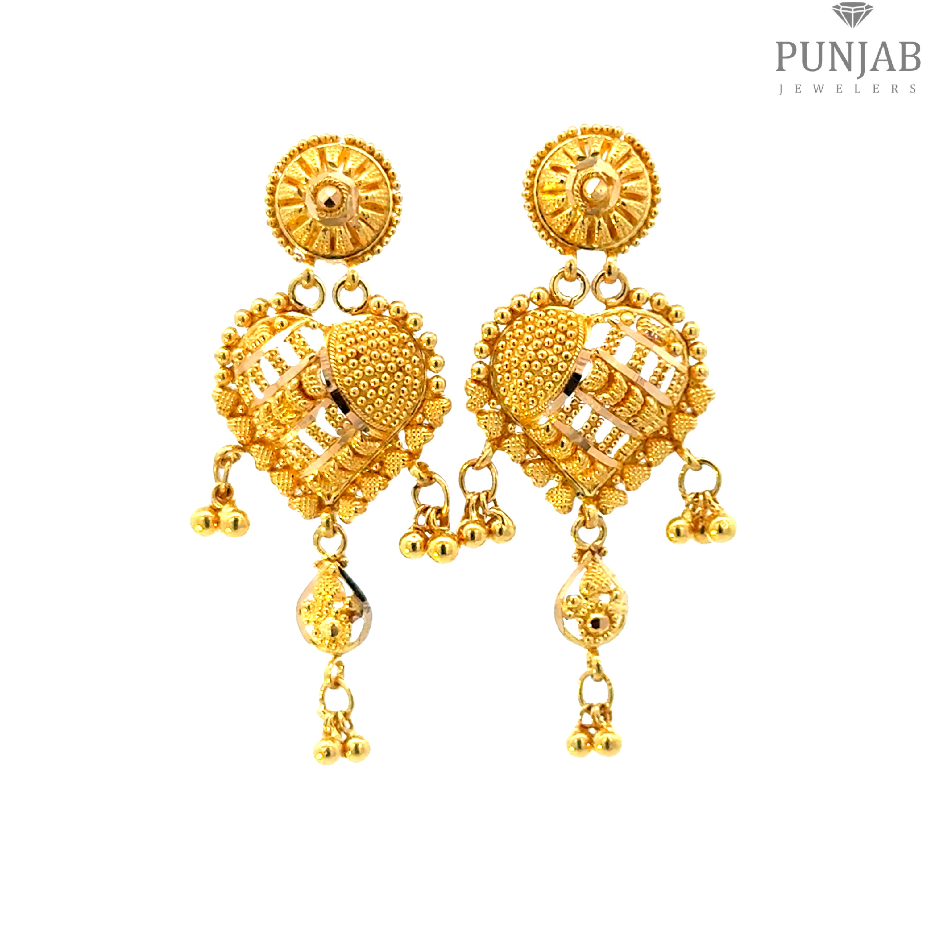 22K Yellow Gold Hanging Earrings with Heart Motif and Dangling Charms