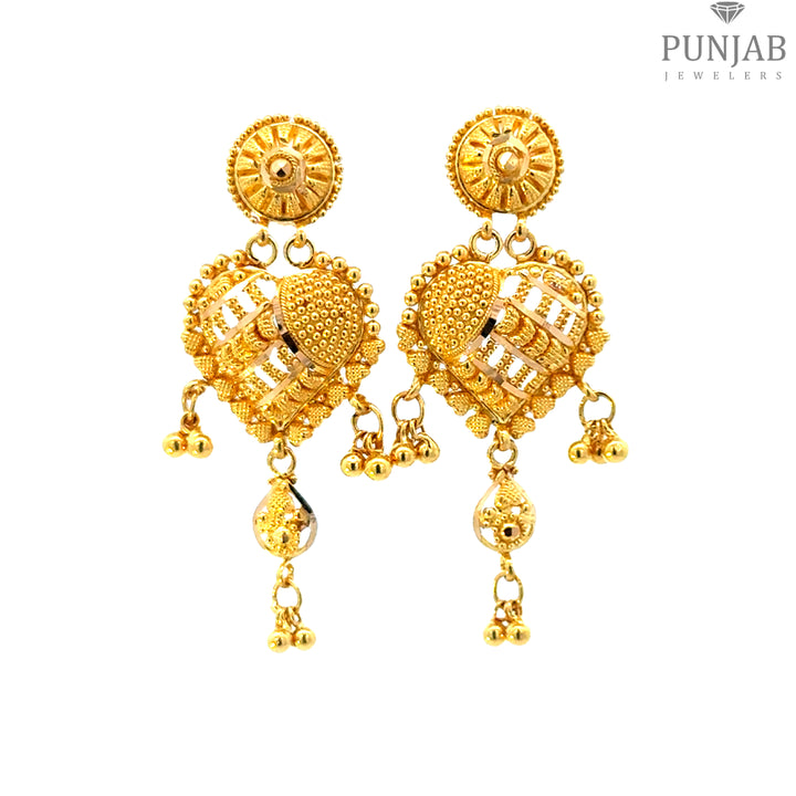 22K Yellow Gold Hanging Earrings with Heart Motif and Dangling Charms