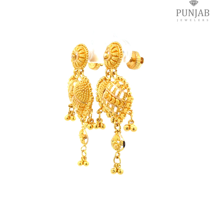 22K Yellow Gold Hanging Earrings with Heart Motif and Dangling Charms