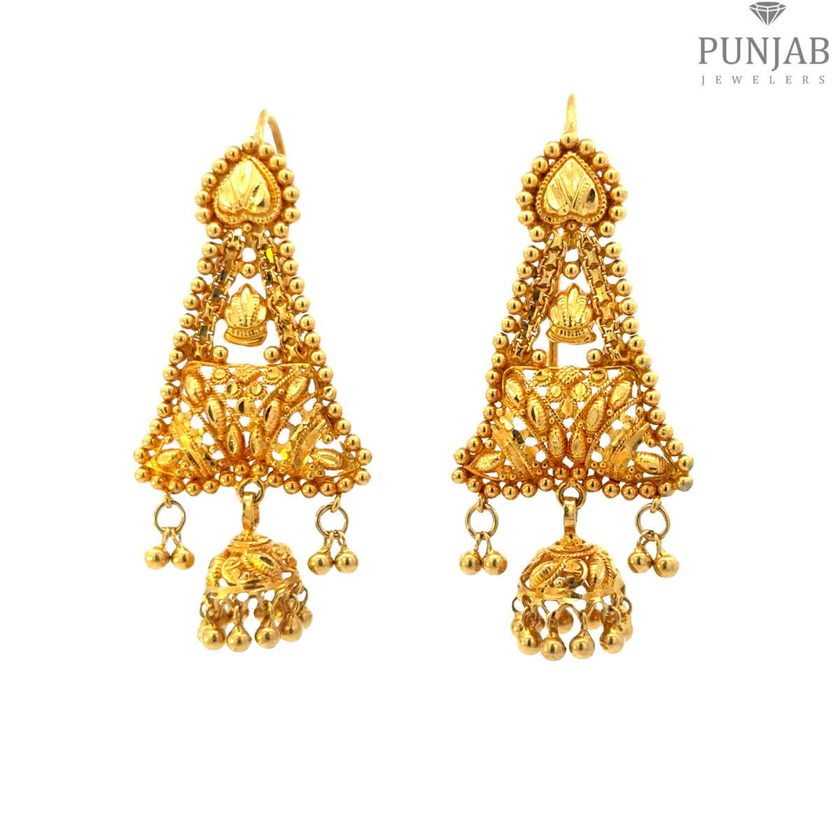 22K Yellow Gold Hanging Earrings with Intricate Filigree Design and Bead Charms