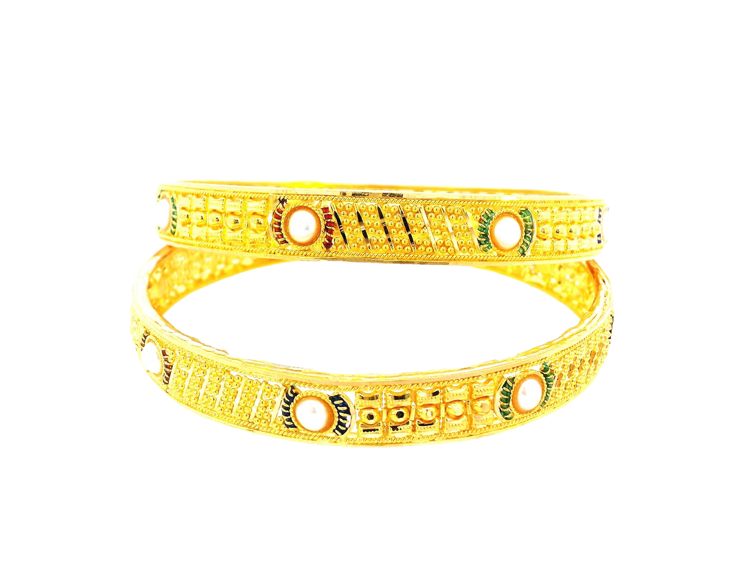 22K Yellow Gold Meenakari Bangles with Pearl Accents – 39.4g (Set of 2)