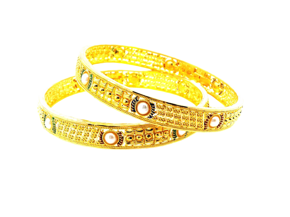 22K Yellow Gold Meenakari Bangles with Pearl Accents – 39.4g (Set of 2)