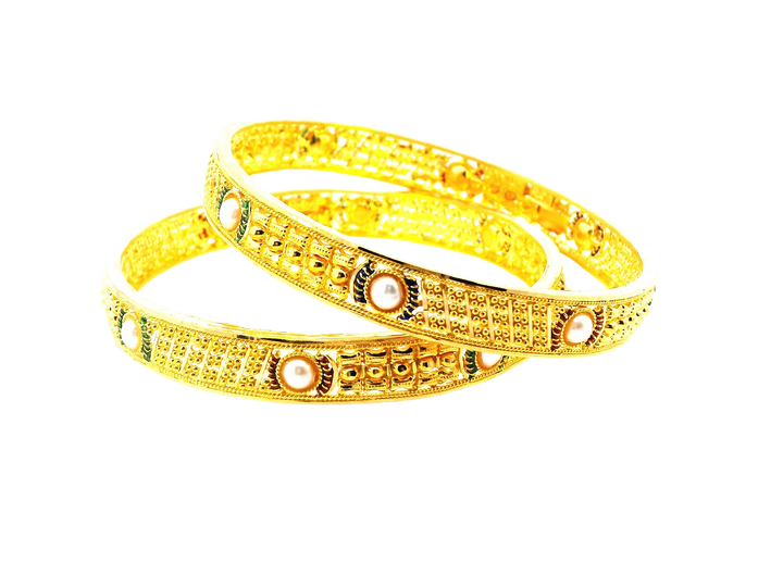22K Yellow Gold Meenakari Bangles with Pearl Accents – 39.4g (Set of 2)