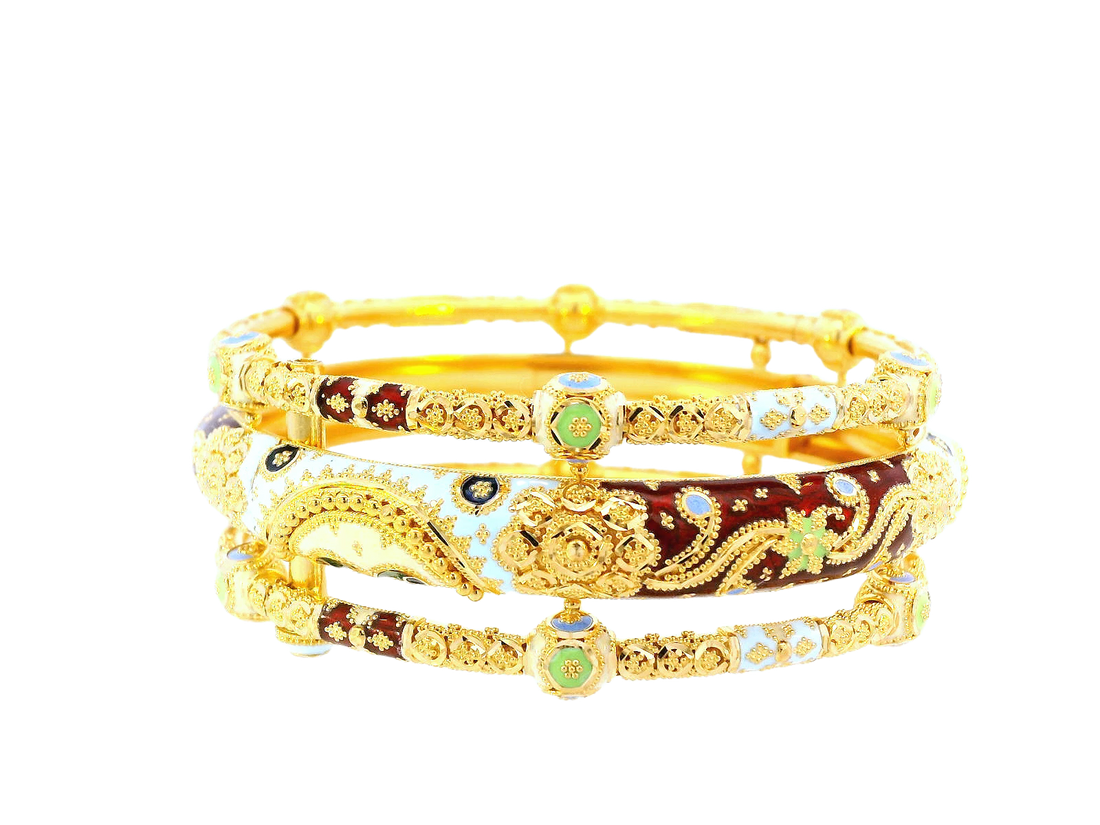 22K Yellow Gold Meenakari Screw Bangles – 103.9g (Set of 2)