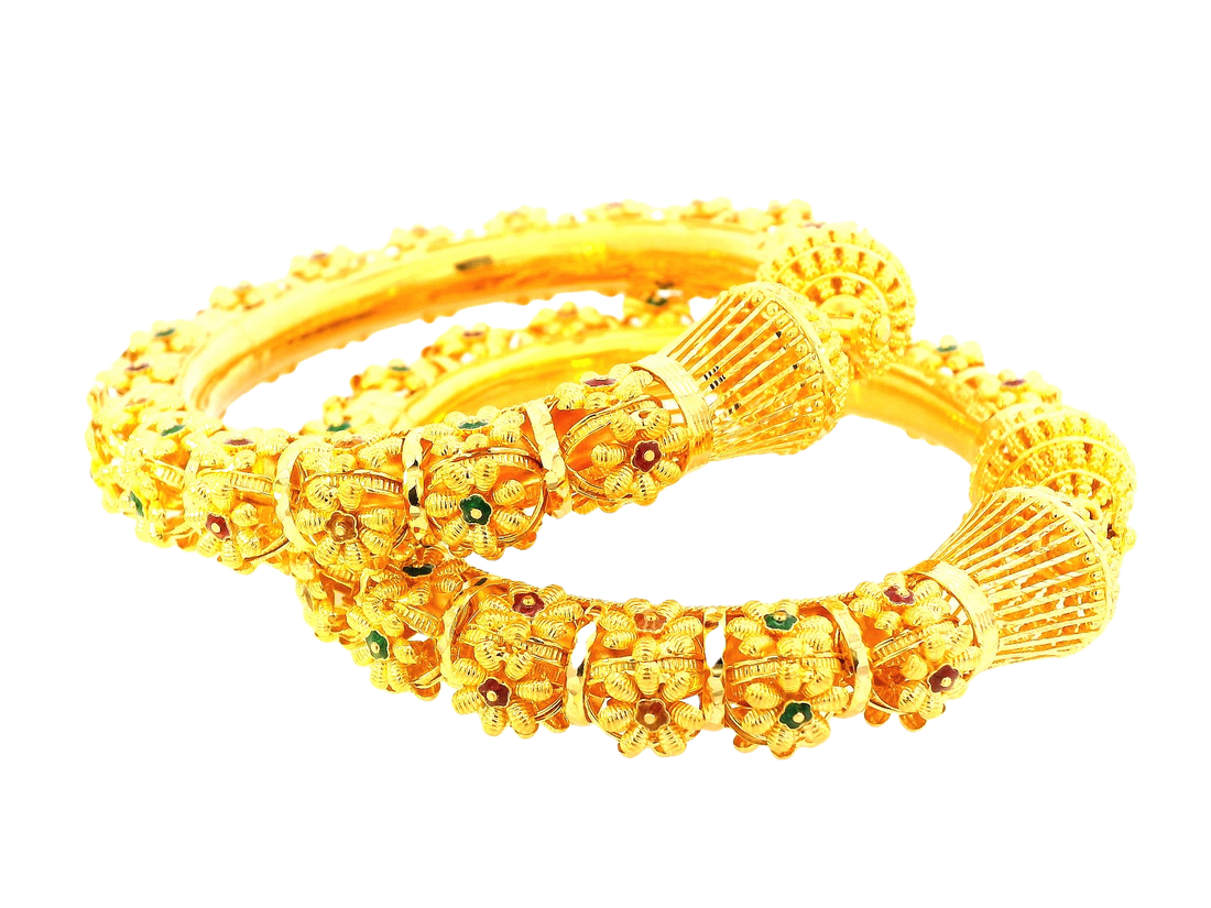 22K Yellow Gold Screw Bangles with Meenakari – 84.6g (Set of 2)