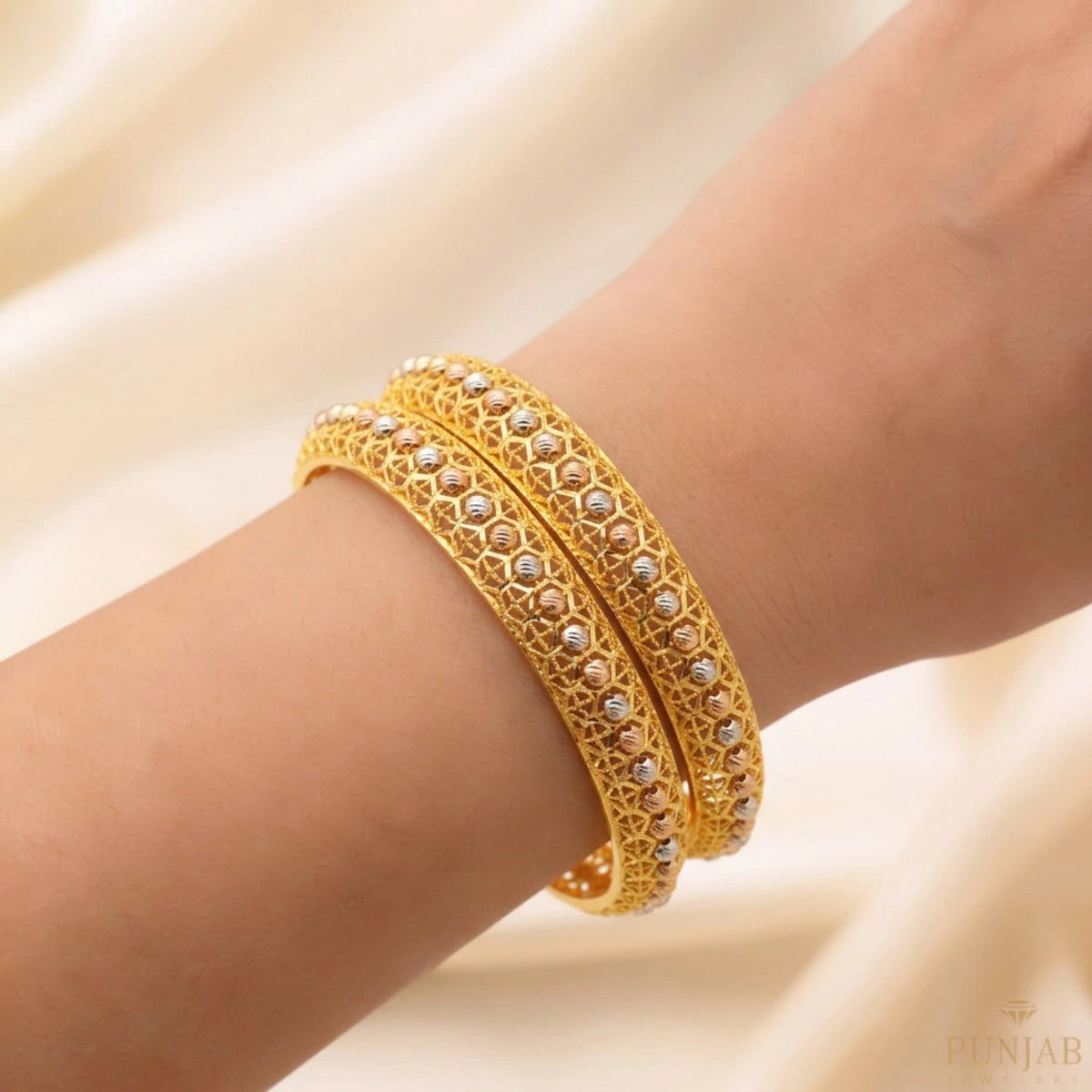 22K Yellow Gold Two Tone Bangles – Elegant Dual Finish Design