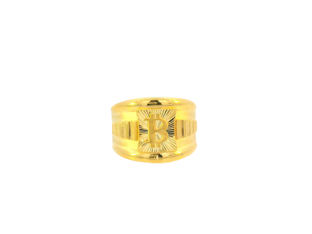 22K Yellow Gold Wide Band Ring with Engraved "B" and Cross Motif