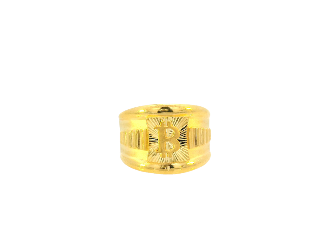 22K Yellow Gold Wide Band Ring with Engraved "B" and Cross Motif