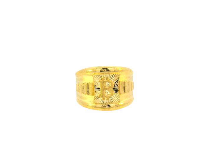 22K Yellow Gold Wide Band Ring with Engraved "B" and Cross Motif