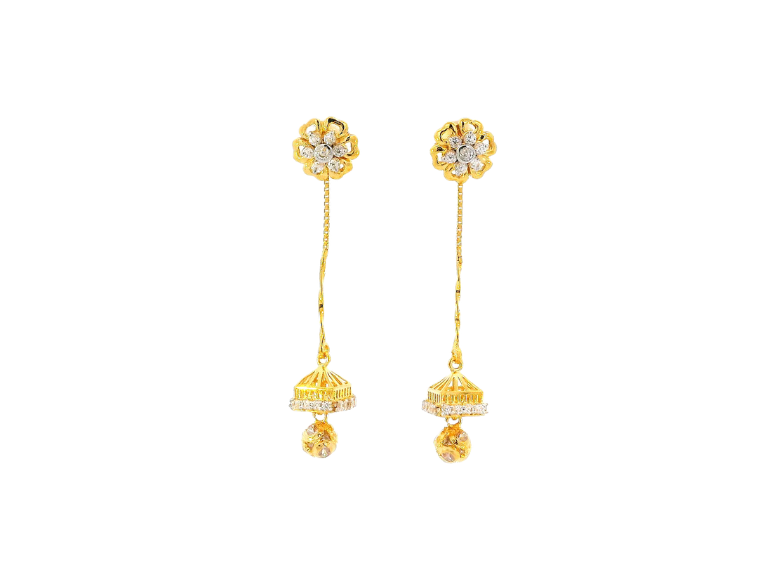 22k Gold Floral Hanging Earrings with Cubic Zirconia