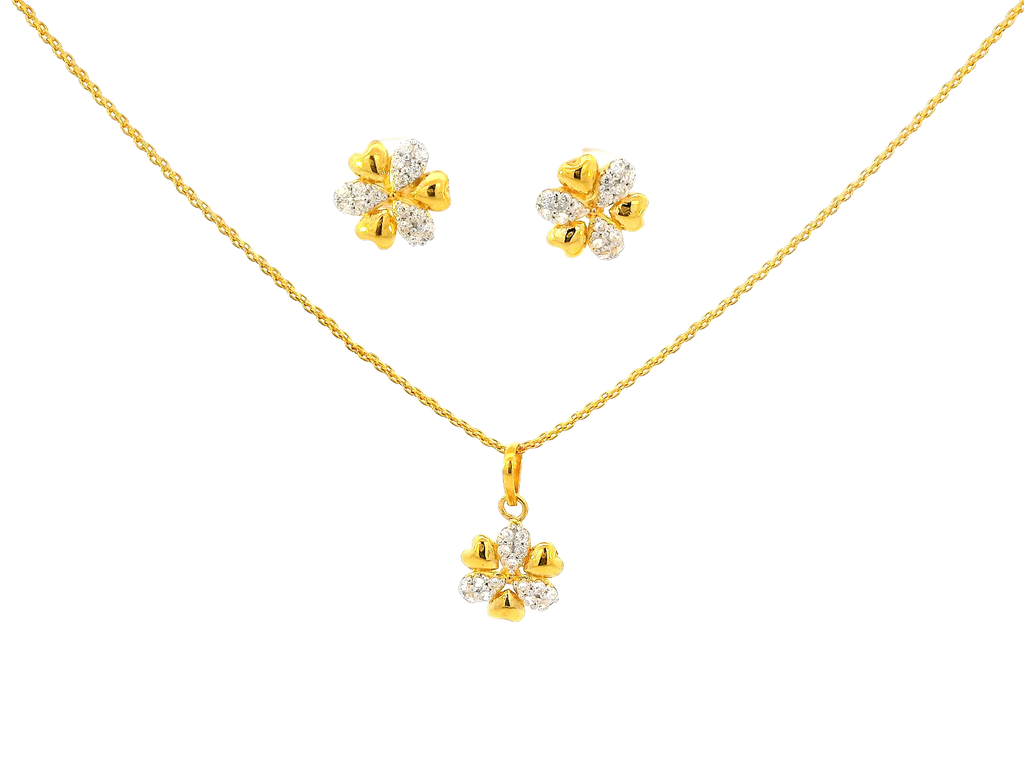22k Gold Floral Pendant and Earring Set with Cubic Zirconia