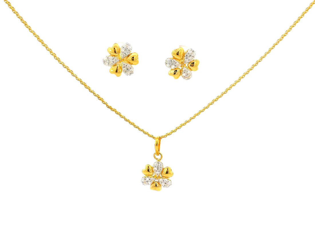 22k Gold Floral Pendant and Earring Set with Cubic Zirconia