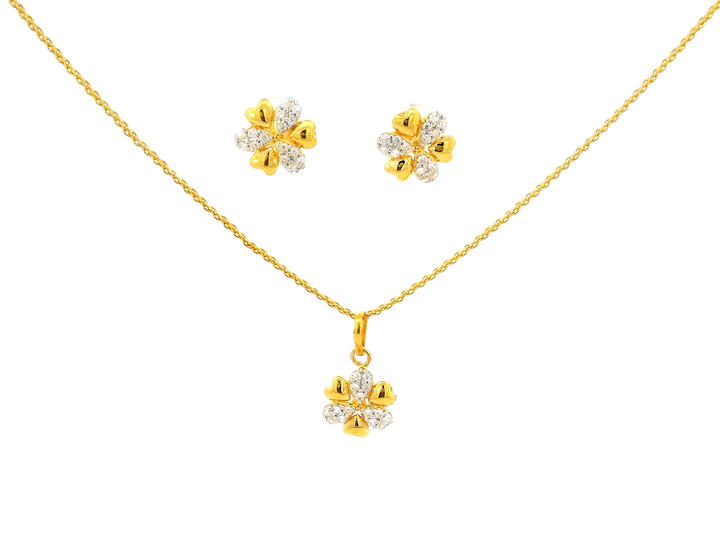 22k Gold Floral Pendant and Earring Set with Cubic Zirconia