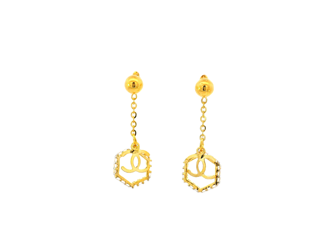 22k Gold Hanging Earrings with Chain Design and Cubic Zirconia