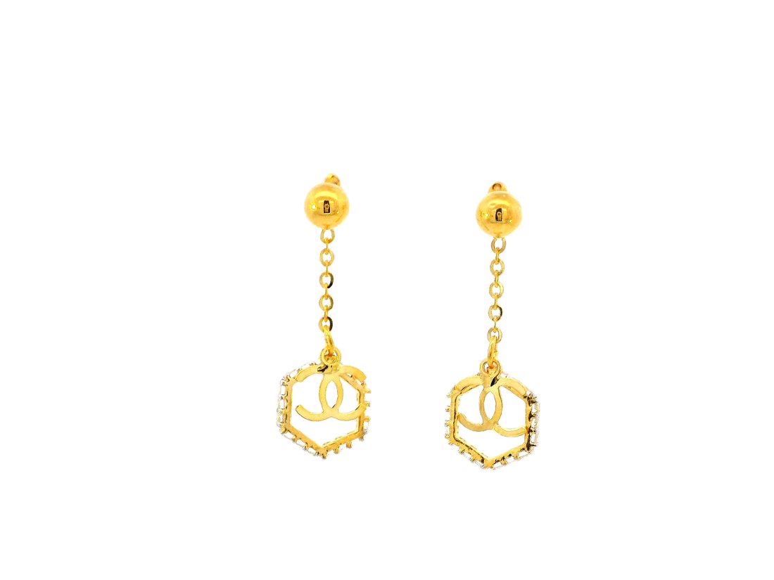 22k Gold Hanging Earrings with Chain Design and Cubic Zirconia