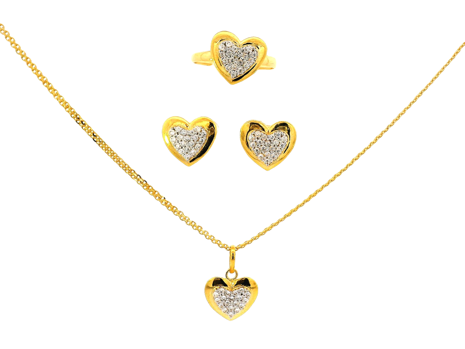 22k Gold Heart-Shaped Jewelry Set with Earrings, Pendant, and Ring