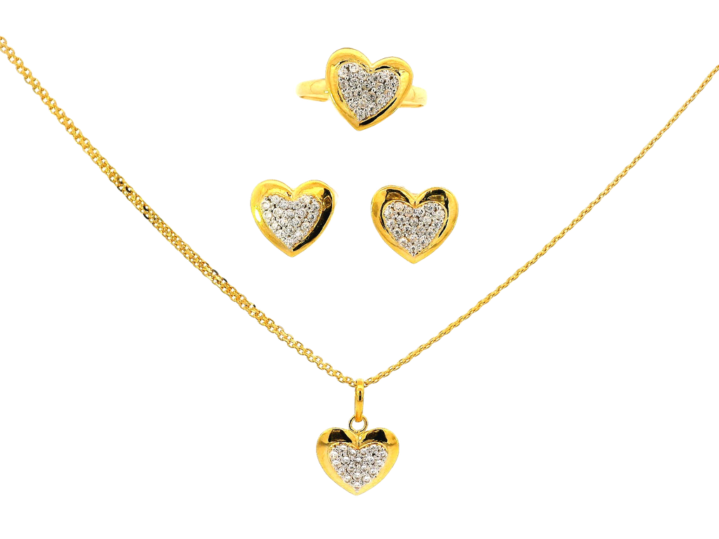 22k Gold Heart-Shaped Jewelry Set with Earrings, Pendant, and Ring