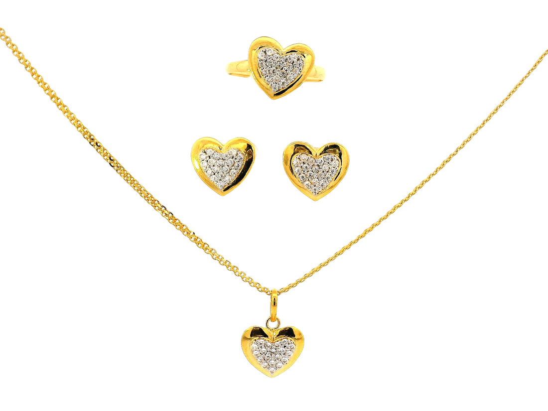 22k Gold Heart-Shaped Jewelry Set with Earrings, Pendant, and Ring