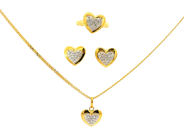 22k Gold Heart-Shaped Jewelry Set with Earrings, Pendant, and Ring