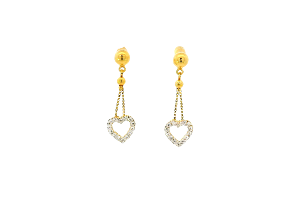 22k Gold Heart Hanging Earrings with Cubic Zirconia