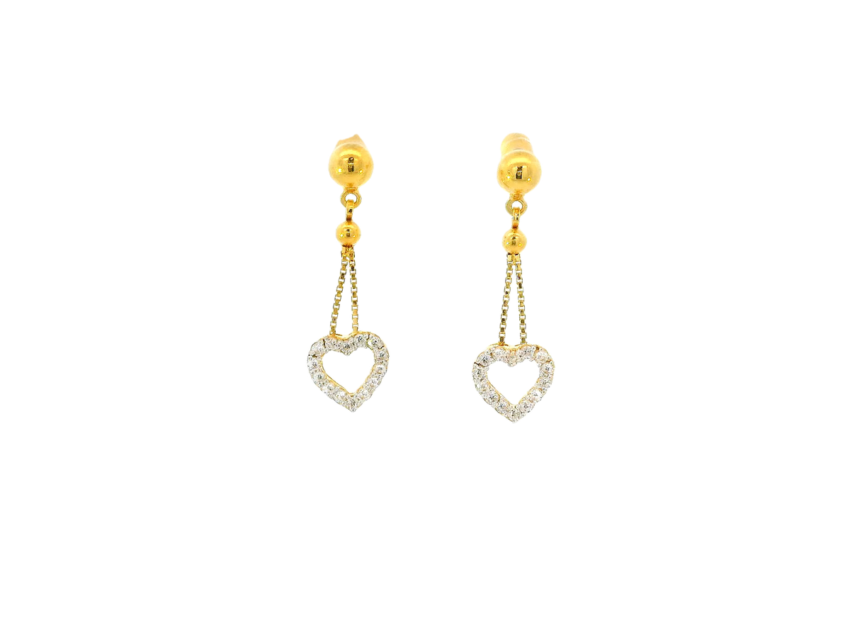 22k Gold Heart Hanging Earrings with Cubic Zirconia