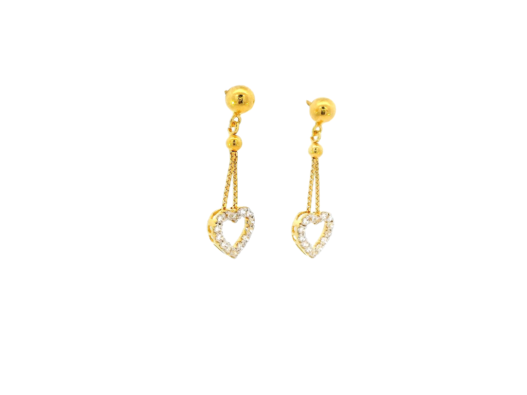 22k Gold Heart Hanging Earrings with Cubic Zirconia