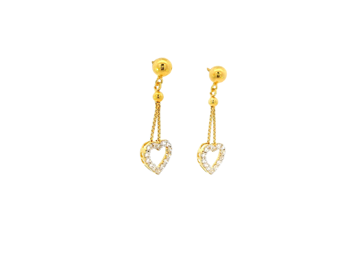 22k Gold Heart Hanging Earrings with Cubic Zirconia