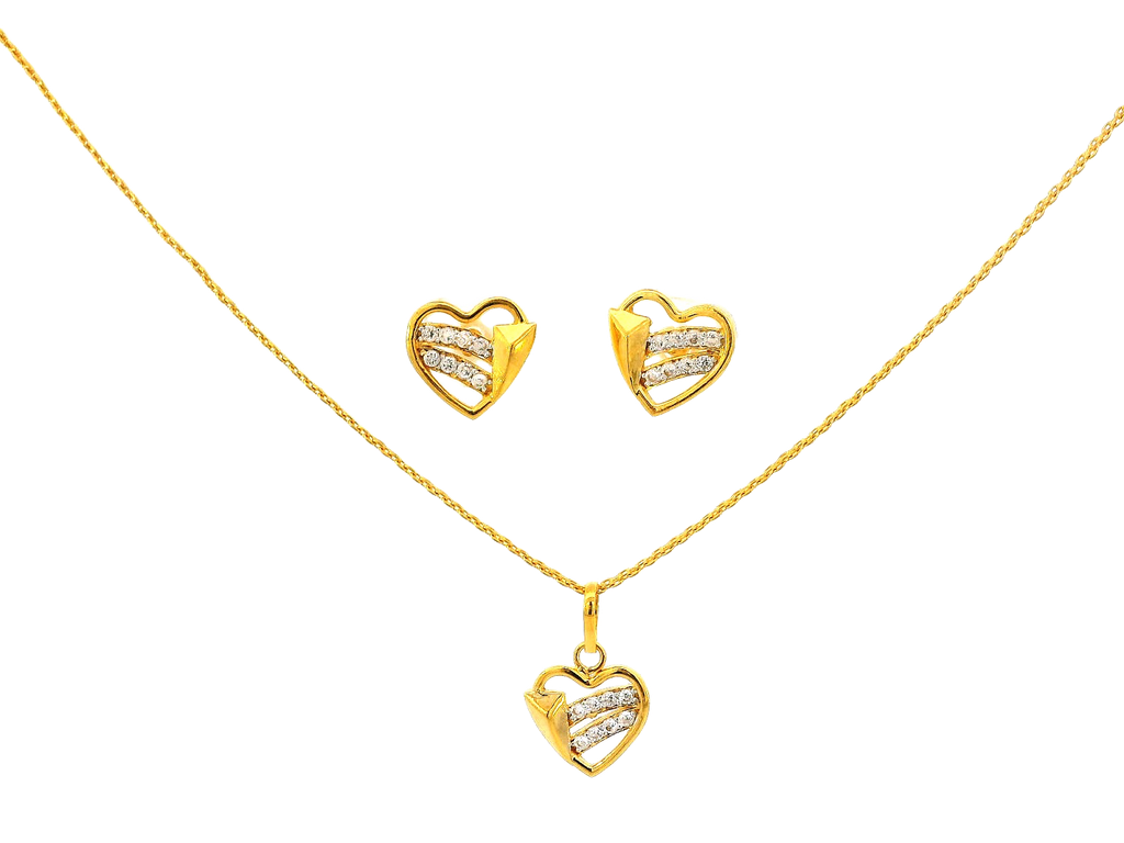 22k Gold Heart Pendant and Earring Set with Cubic Zirconia