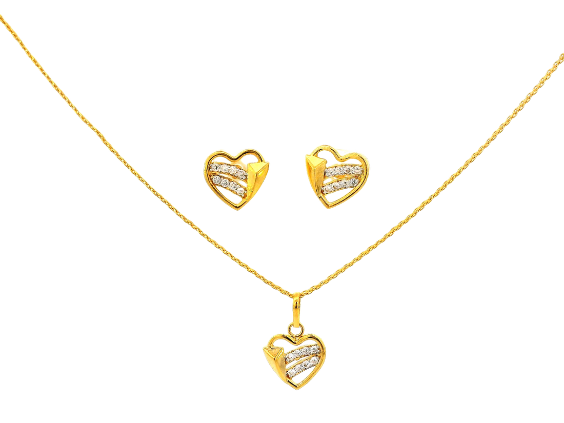 22k Gold Heart Pendant and Earring Set with Cubic Zirconia