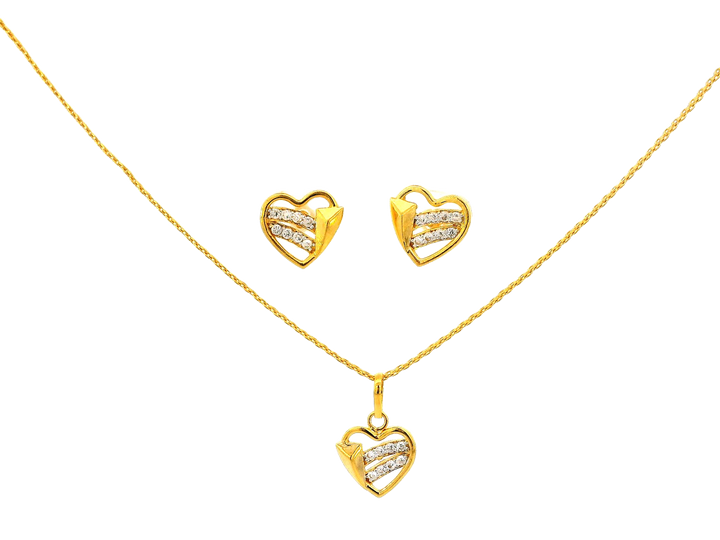 22k Gold Heart Pendant and Earring Set with Cubic Zirconia
