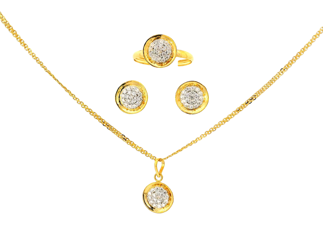 22k Gold Jewelry Set with Stud Earrings, Pendant, and Ring