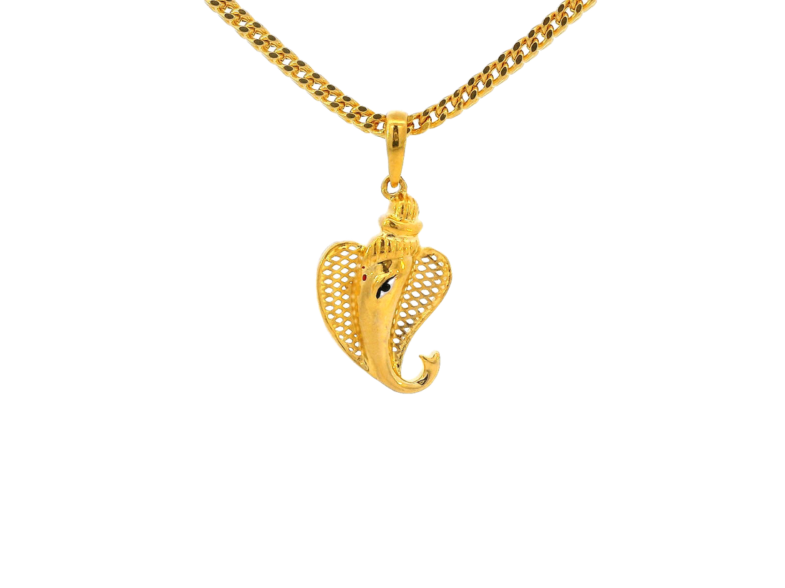 22k Yellow Gold Ganesh Pendant with Curved Leaf Design