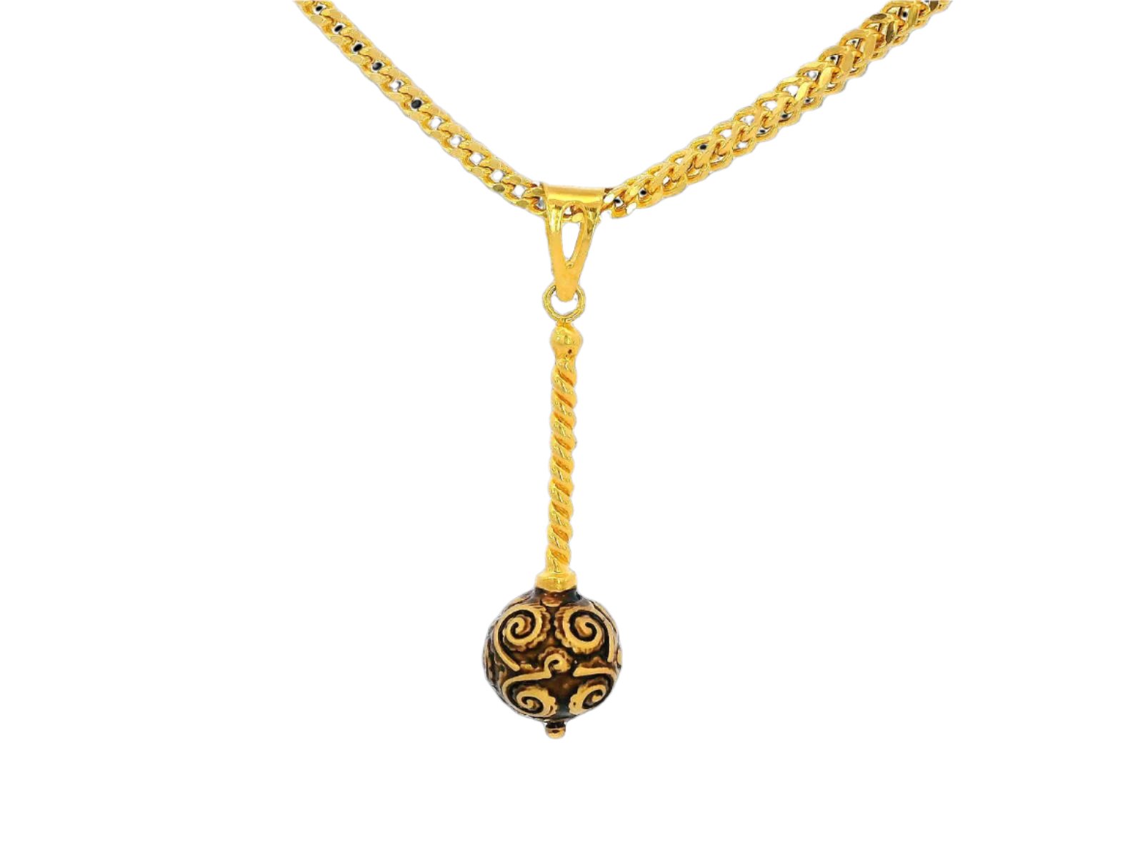 22k Yellow Gold Hanging Swirl Pendant with Textured Rod