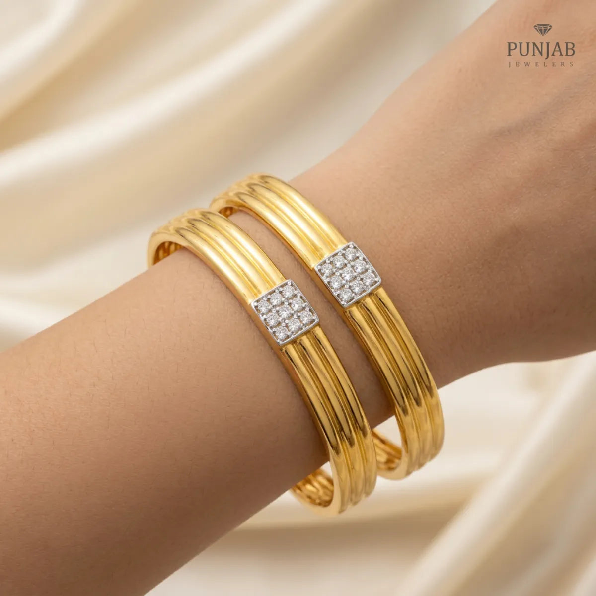 22K Yellow Gold Bangles with Cubic Zirconia Accents (Set of 2)