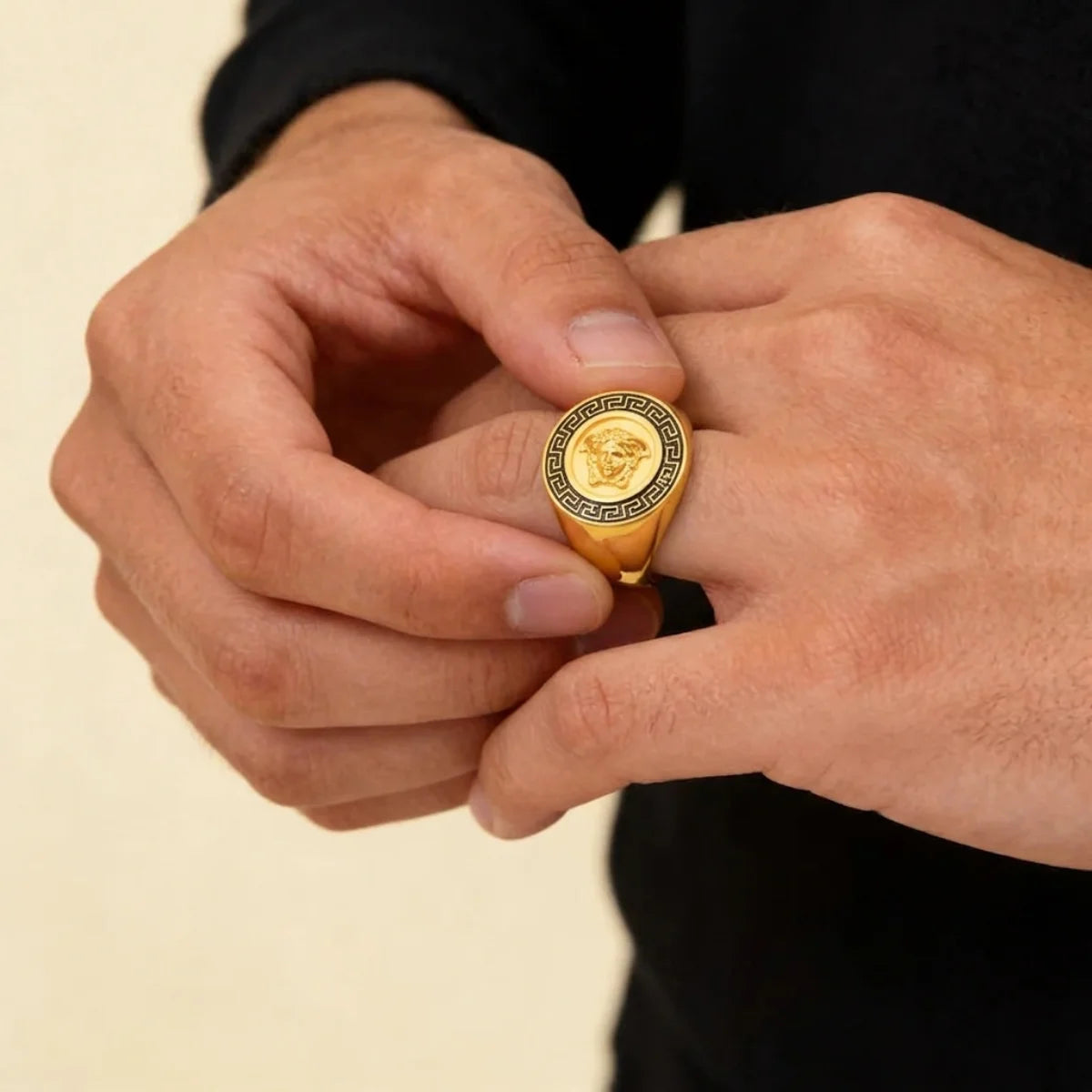 22K Yellow Gold Panther Head Ring with Greek Key Border