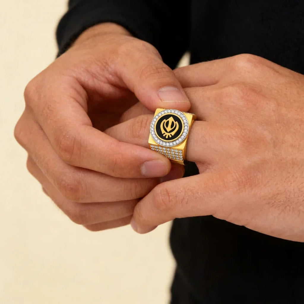22K Yellow Gold Khanda Ring with Cubic Zirconia Accents