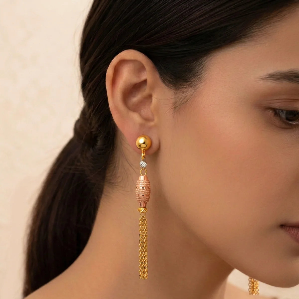 22K Multi-Tone Gold Hanging Earrings with Chain Tassel