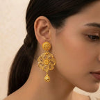22K Yellow Gold Floral Hanging Earrings with Teardrop Charm