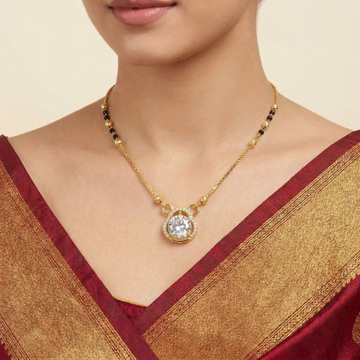 22K Yellow Gold Mangalsutra – Black Beads &amp; Cubic Zirconia