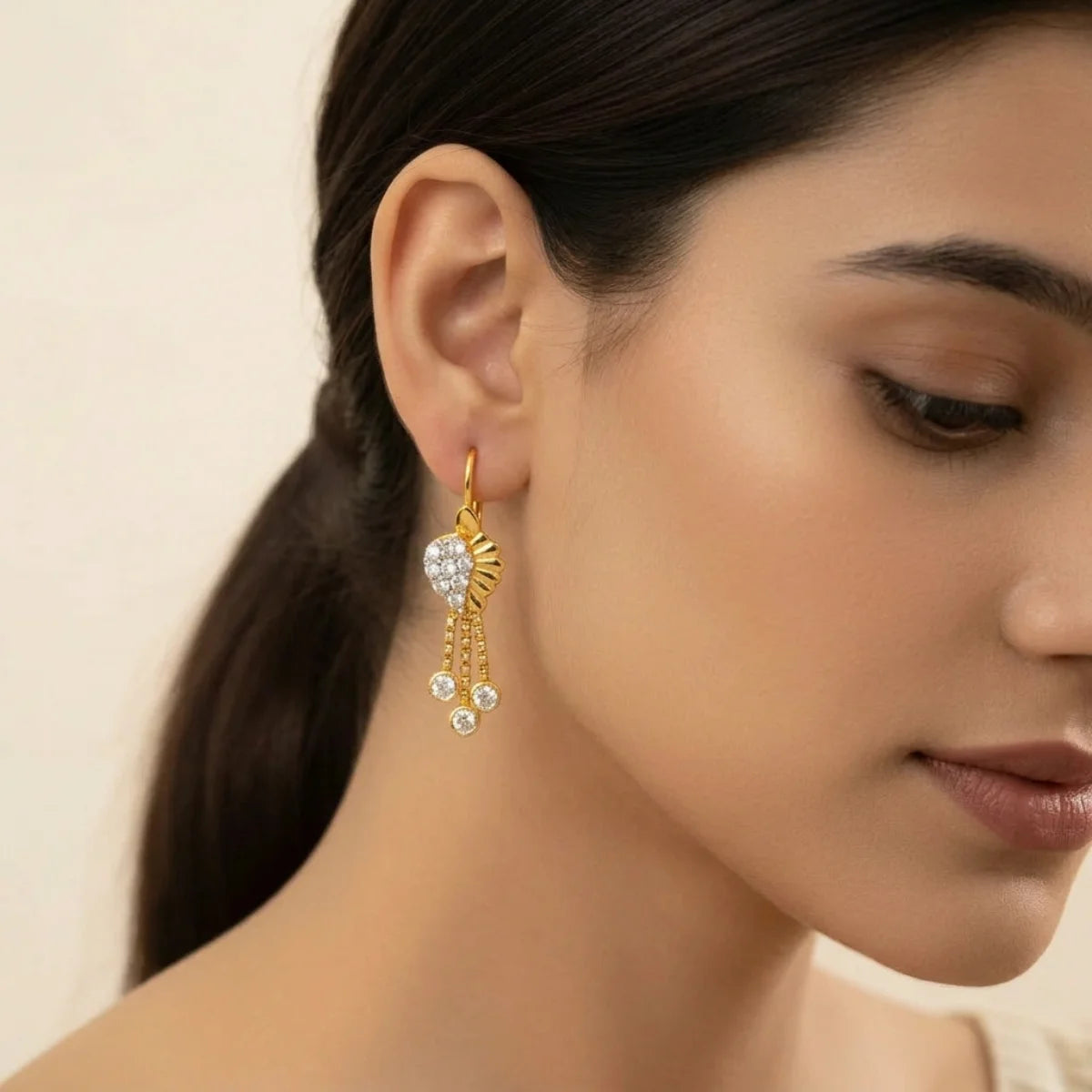 22k Gold Polished Yellow Finish Hanging Earrings with Cubic Zirconia