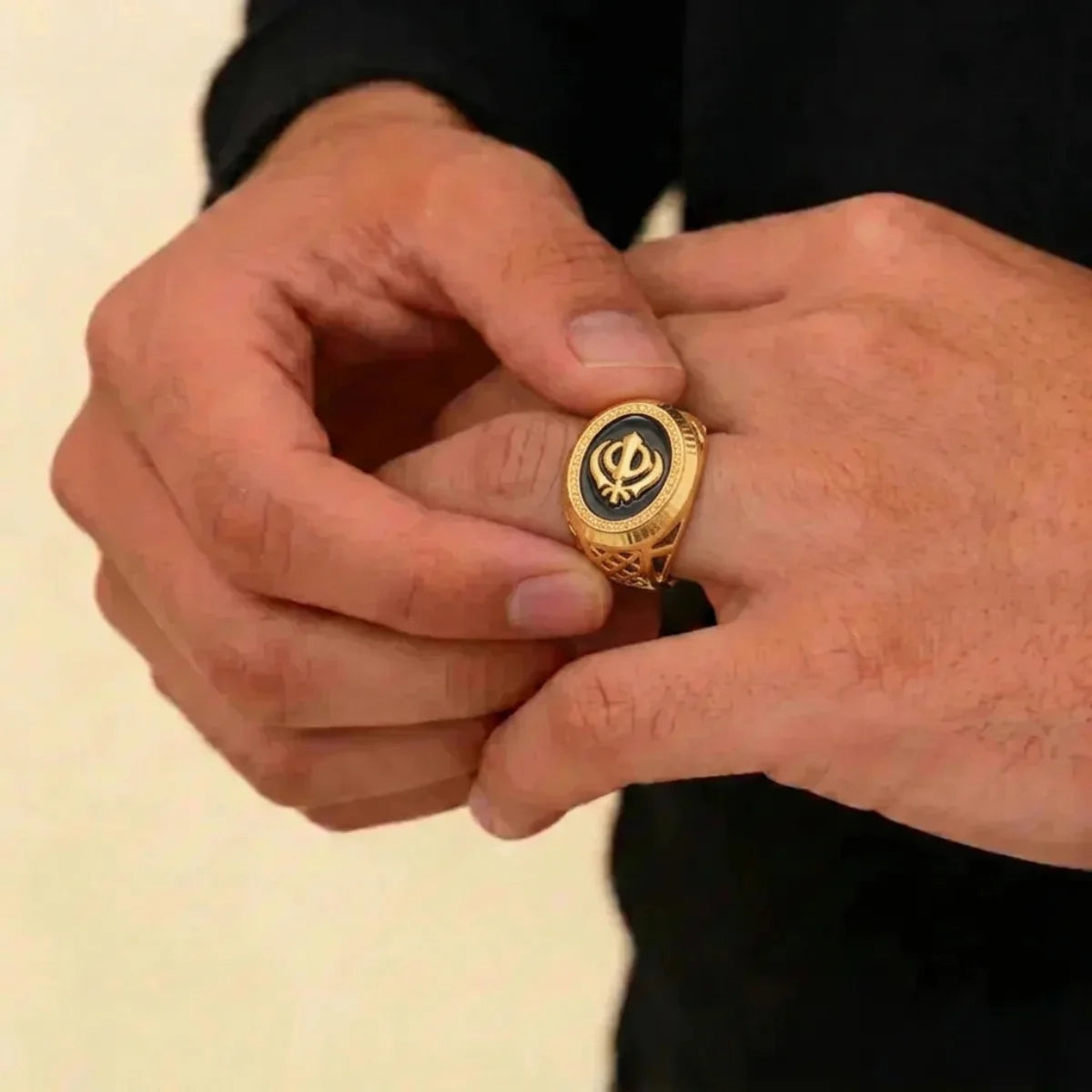 22K Yellow Gold Sikh Style Men’s Ring | Colored Stone Designer Band