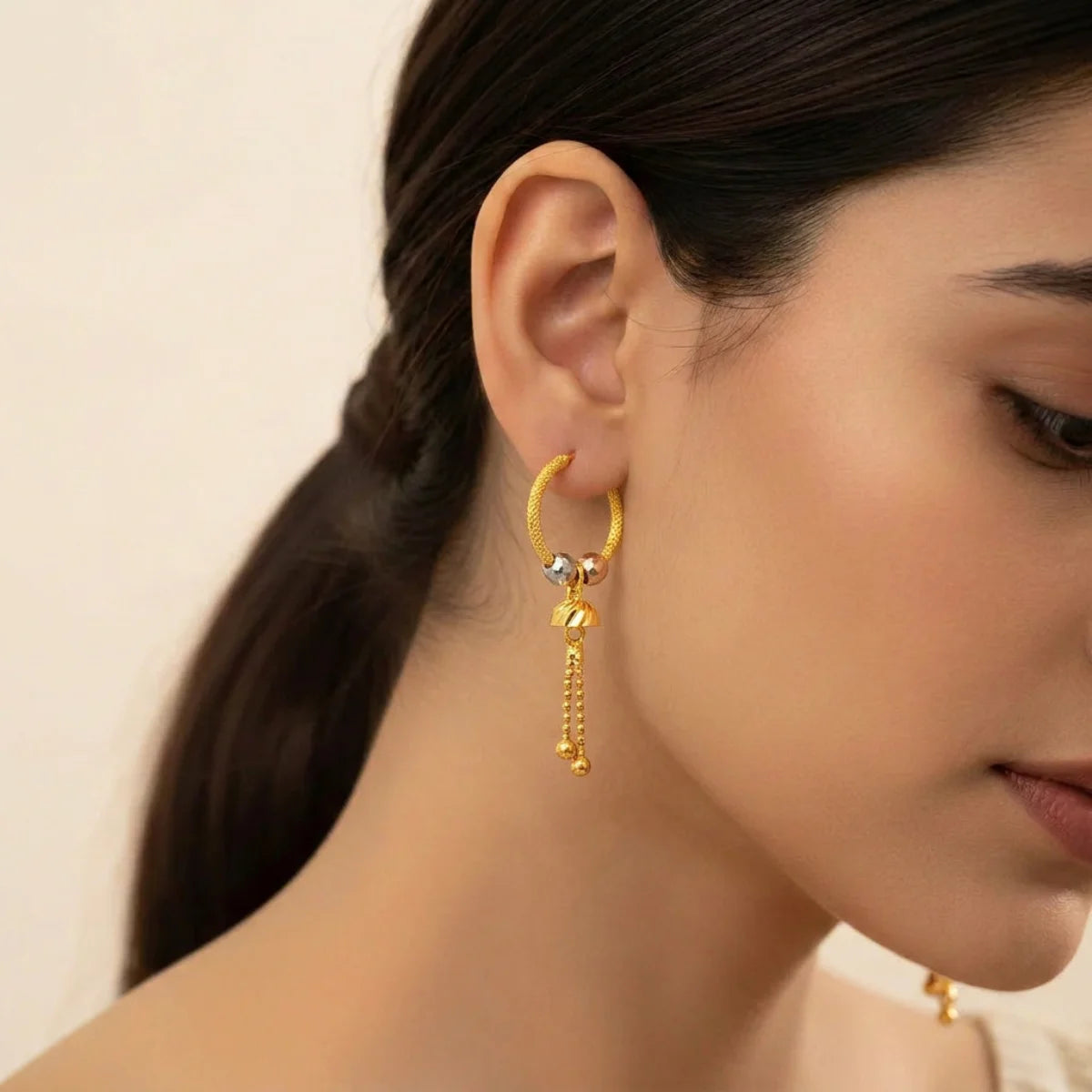 22K Gold Multi-Tone Bali Hoop Earrings with Hanging Charms