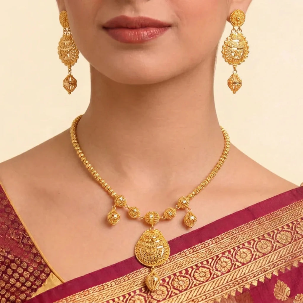 22K Classic Yellow Gold Spherical Charm Necklace with Polished Cable Chain