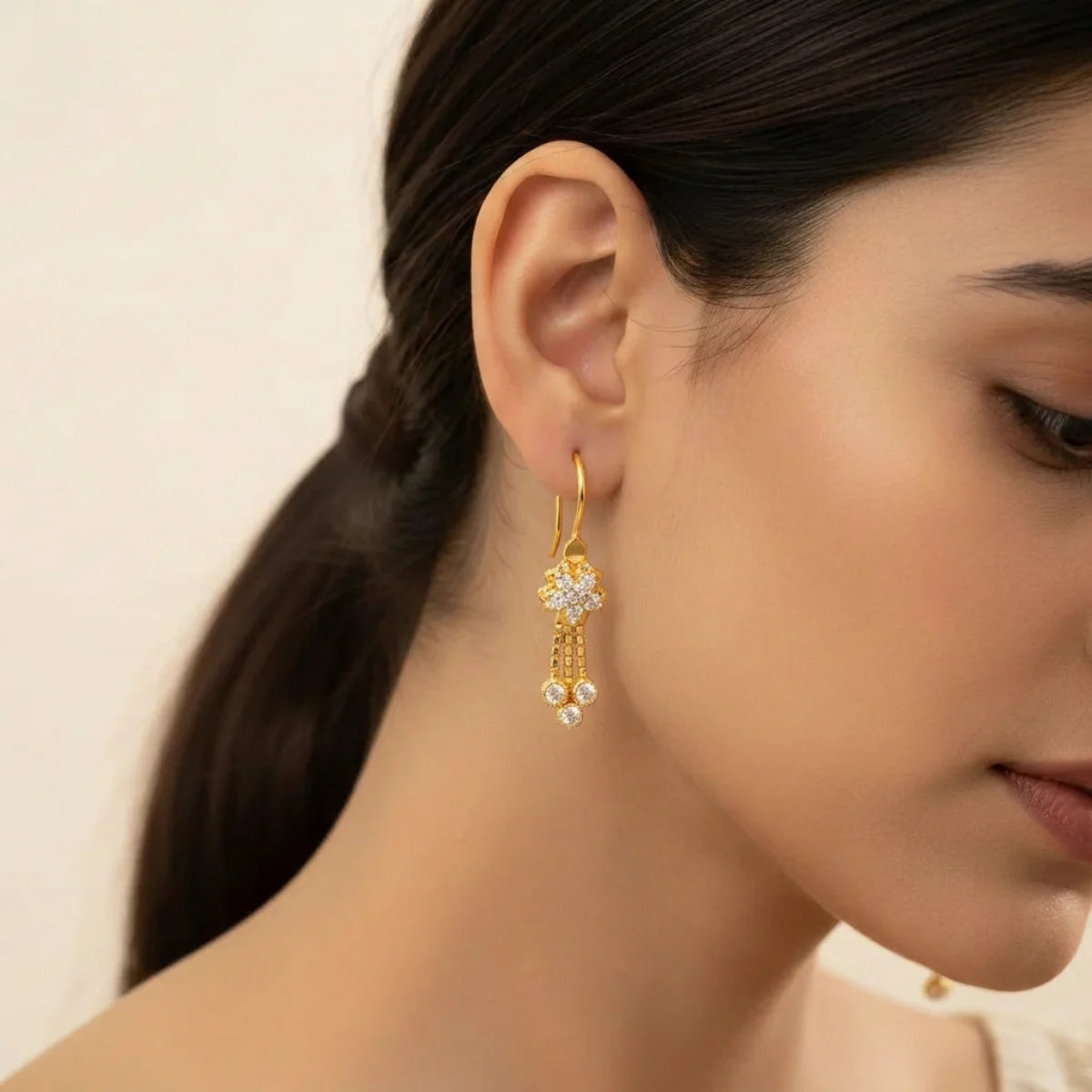 22k Gold Polished Yellow Finish Hanging Earrings with Cubic Zirconia