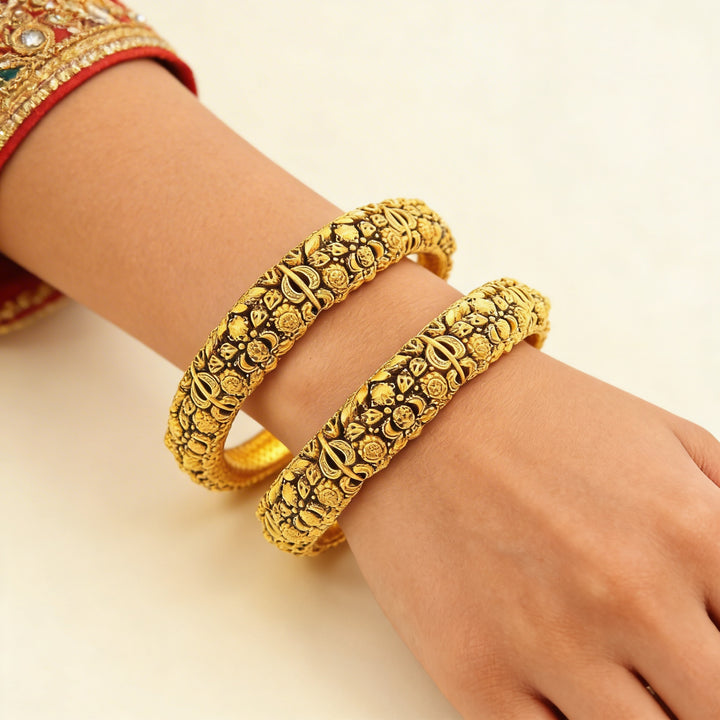 22K Antique Finish Gold Screw Bangles – 51.6g (Set of 2)
