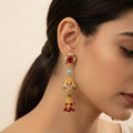 22K Yellow Gold Ruby, Cubic Zirconia, and Pearl Hanging Earrings